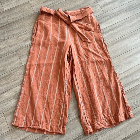 ANTHROPOLOGIE Cropped Wide Leg Linen Pant, Tie Front, Coral & White Stripe, M - Picture 4 of 11